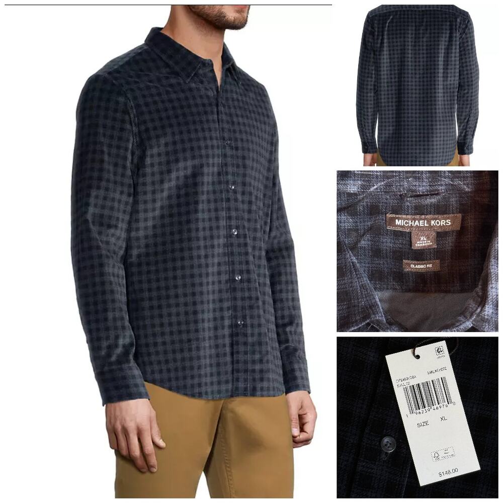 Michael Kors Warwick Velour Check Long Sleeve Woven Shirt XL NWT MSRP $148